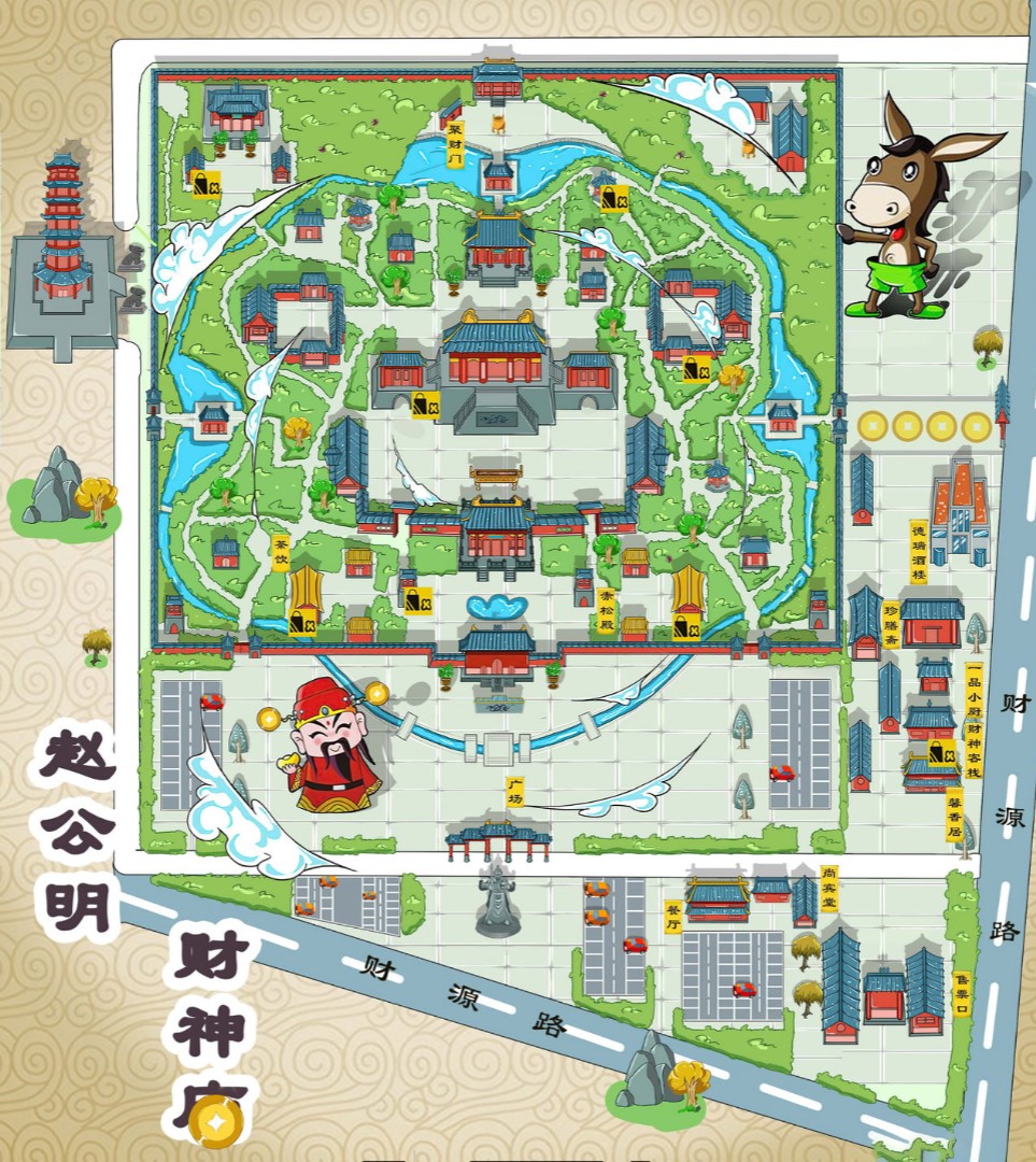 三原寺庙类手绘地图